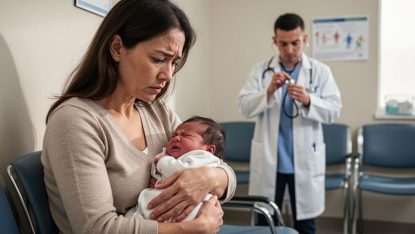 A worried mother holds her fussy newborn in a doctor's waiting room as the pediatrician prepares a stethoscope in the background, emphasizing the urgency of seeking professional help for feeding issues.