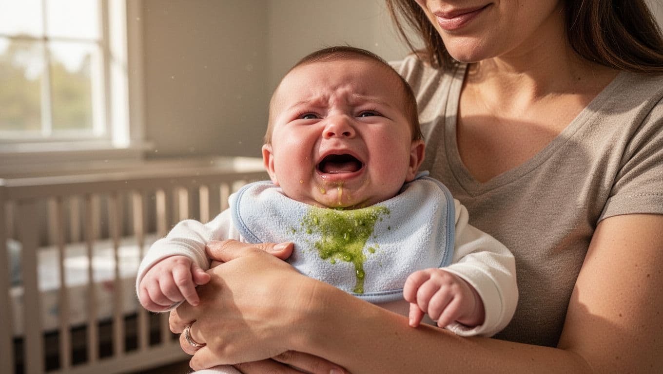 Concerned mother cradles fussy 2-month-old baby crying with green spit-up on bib and clothes in nursery.