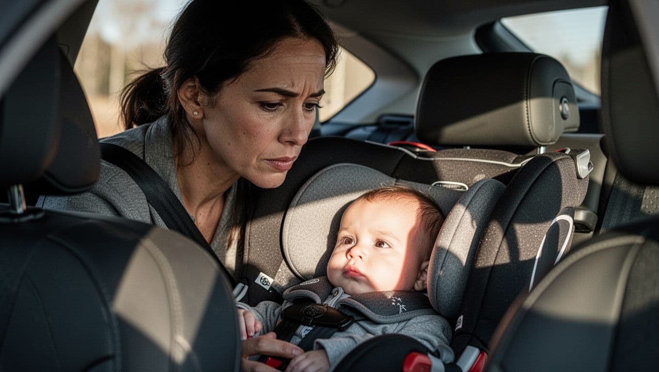 A close-up shot captures a parent peering anxiously into the backseat at their infant. Dramatic lighting highlights the parent's focused expression while the baby rests securely within the rear-facing car seat.