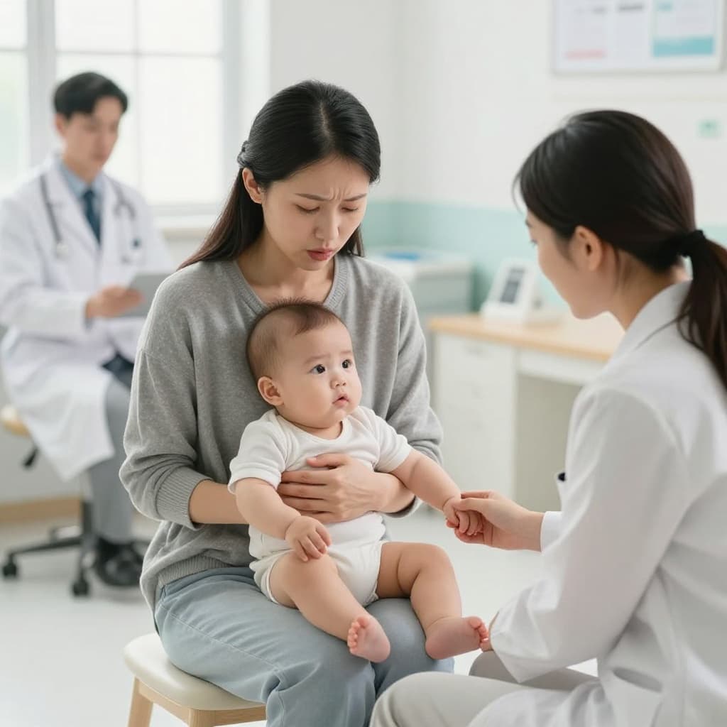 A concerned parent holds their baby while speaking with a doctor in a bright medical office.