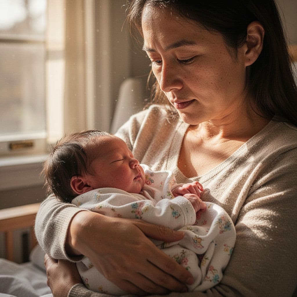 A parent holds a young baby in a sunlit room, looking concerned yet calm.