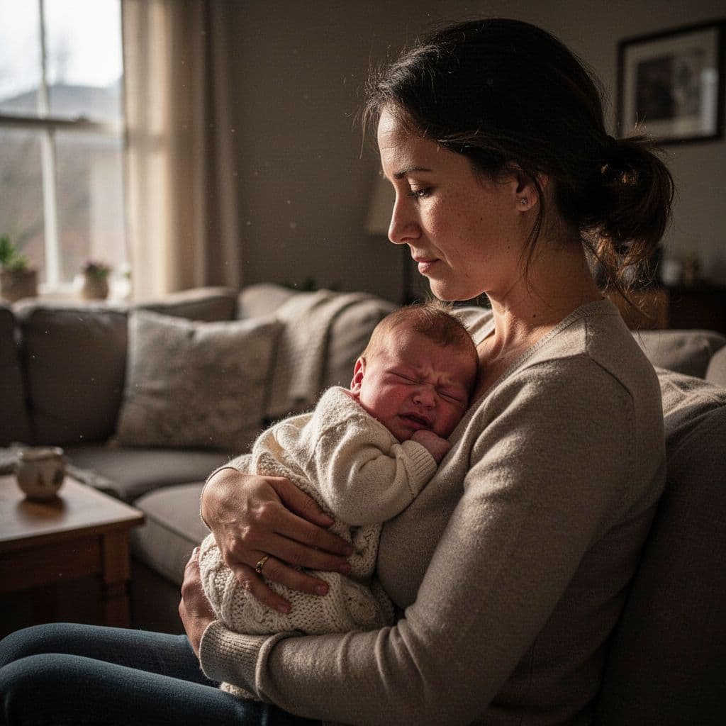 Side profile of a concerned parent holding a fussy infant in a dimly lit cozy home.