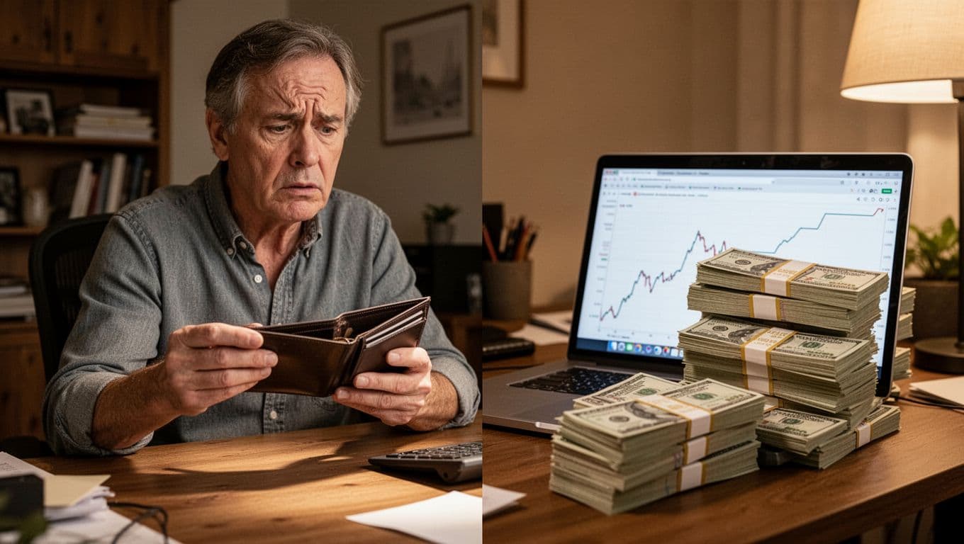 A middle-aged person at a home office desk appears concerned, holding an empty wallet while eyeing a large stack of cash beside a laptop displaying a downward stock chart, illustrating red flags of inadequate versus excessive emergency savings.