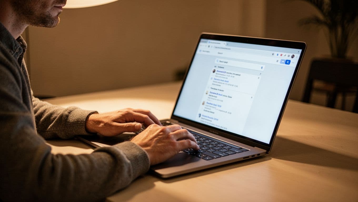 A focused individual types queries into a browser search bar on a sleek laptop. Warm ambient lighting highlights the keyboard and screen, creating a productive atmosphere for professional digital research tasks.