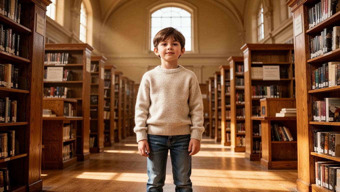 Eight-year-old boy in light sweater and jeans stands tall in sunlit library with bookshelves behind him.