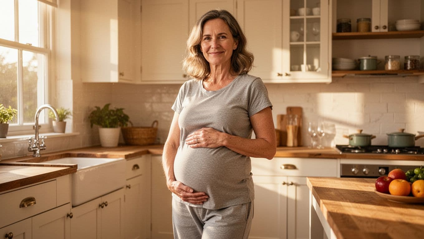 Pregnant woman in mid-30s stands in sunny kitchen, hand on belly, calm smile.