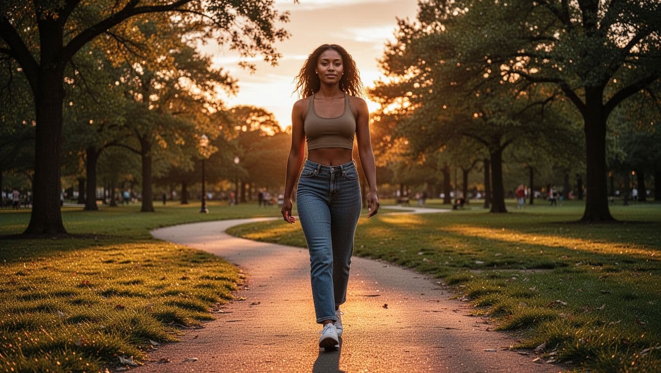 A woman with a relaxed posture strolls along a park pathway during the golden hour. The low sun creates dramatic shadows, highlighting her silhouette and the vibrant autumn foliage behind her.