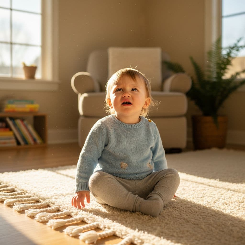 Young toddler sits on soft rug in living room, looking up confused and overwhelmed with sunlight streaming through window.