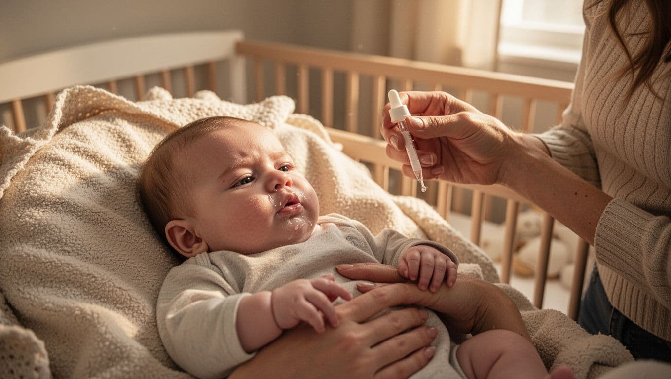 3-month-old baby shows clear nasal mucus in stuffy nose, parent holds saline dropper nearby in nursery.