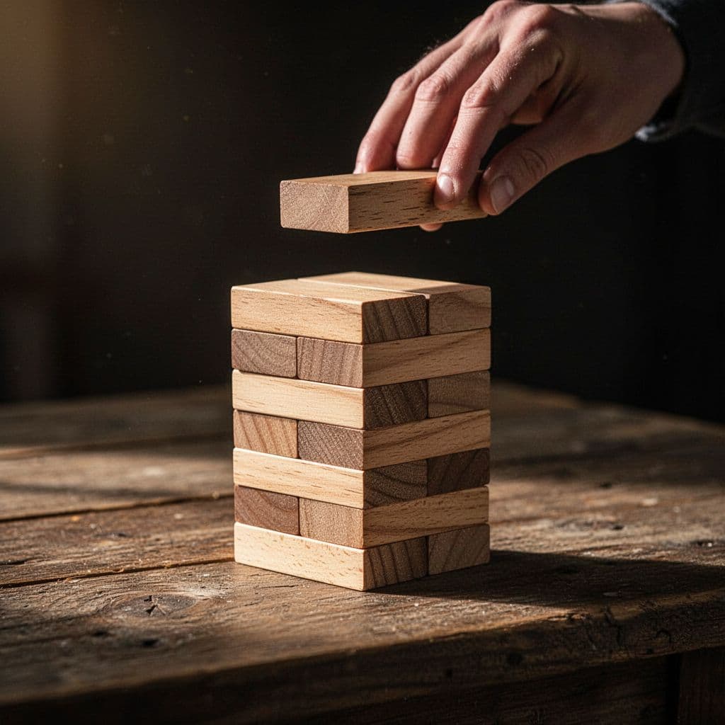 A single wooden block is carefully added to a growing stack resting on a rough surface. Dramatic side lighting highlights the textures while a dark, blurred background emphasizes the steady progress.