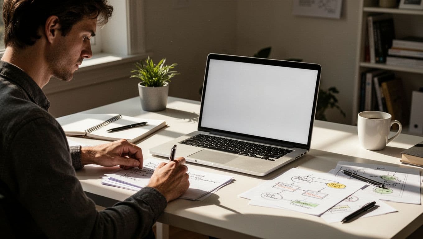 A focused individual sits at a minimalist desk bathed in warm morning light, organizing handwritten notes on a clean workspace. The calm setting highlights a structured approach to daily creative tasks.