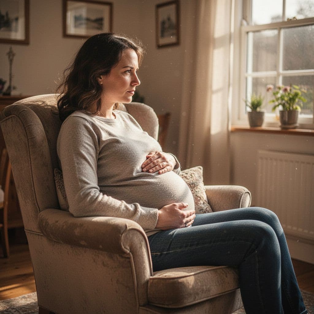 Side view of pregnant person sitting on chair in sunlit room, holding belly thoughtfully with one hand nearby.