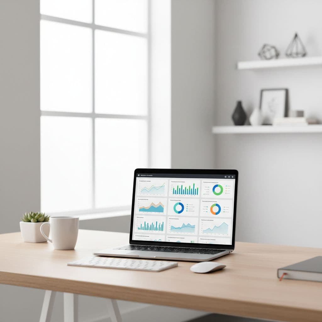 Laptop on clean desk displays data charts and graphs in minimalist office.