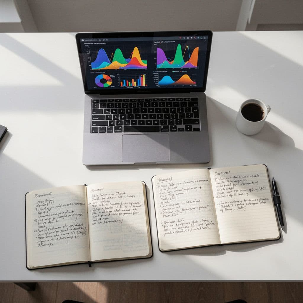 Top-down view of minimalist workspace with laptop showing data charts and notebook.