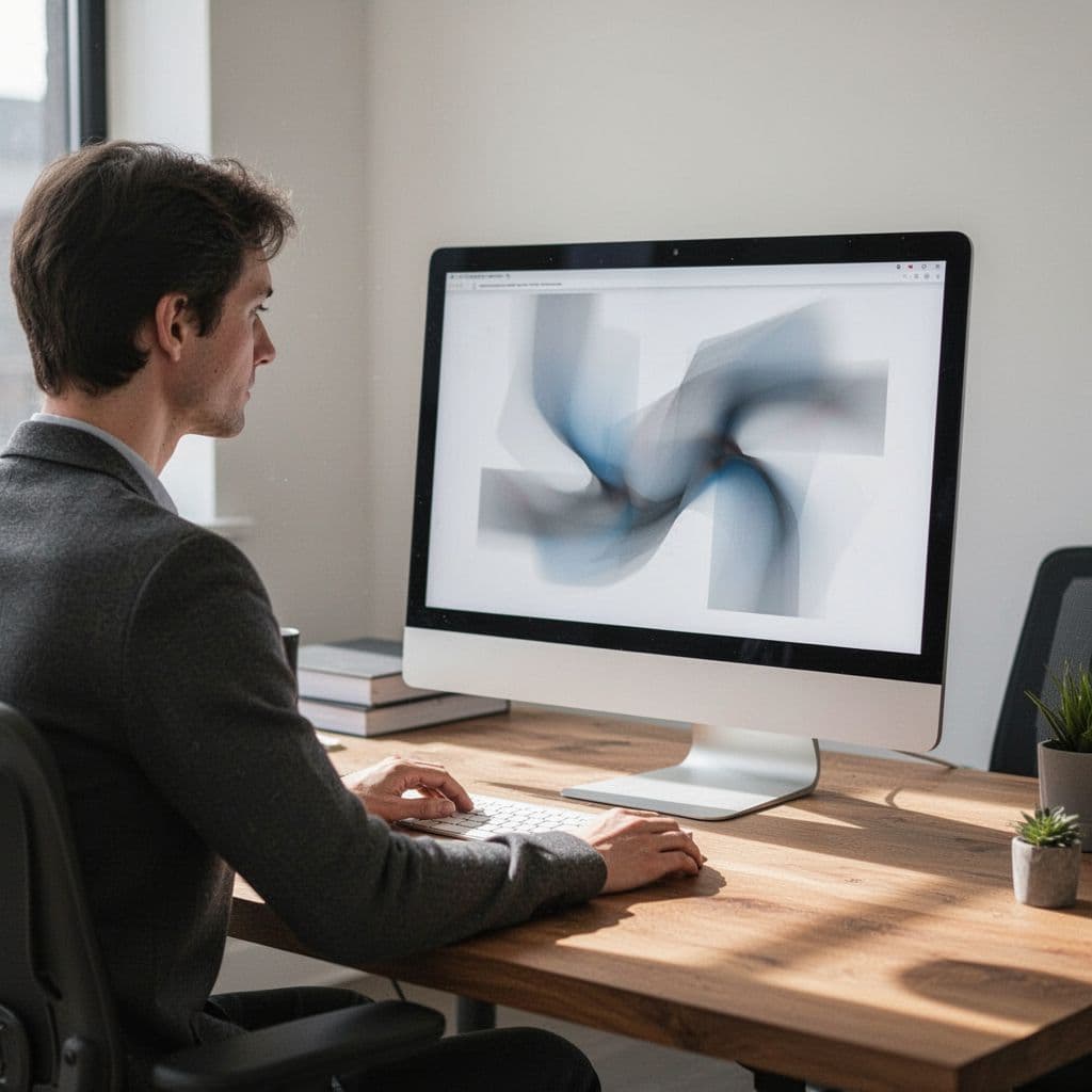 A professional sits at a wooden desk reviewing complex digital data on a computer screen.