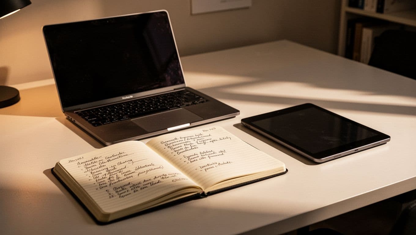 An open laptop sits beside a handwritten notebook and a sleek digital tablet on a clean wooden desk. Warm light illuminates these professional tools, symbolizing diverse revenue sources for creators.