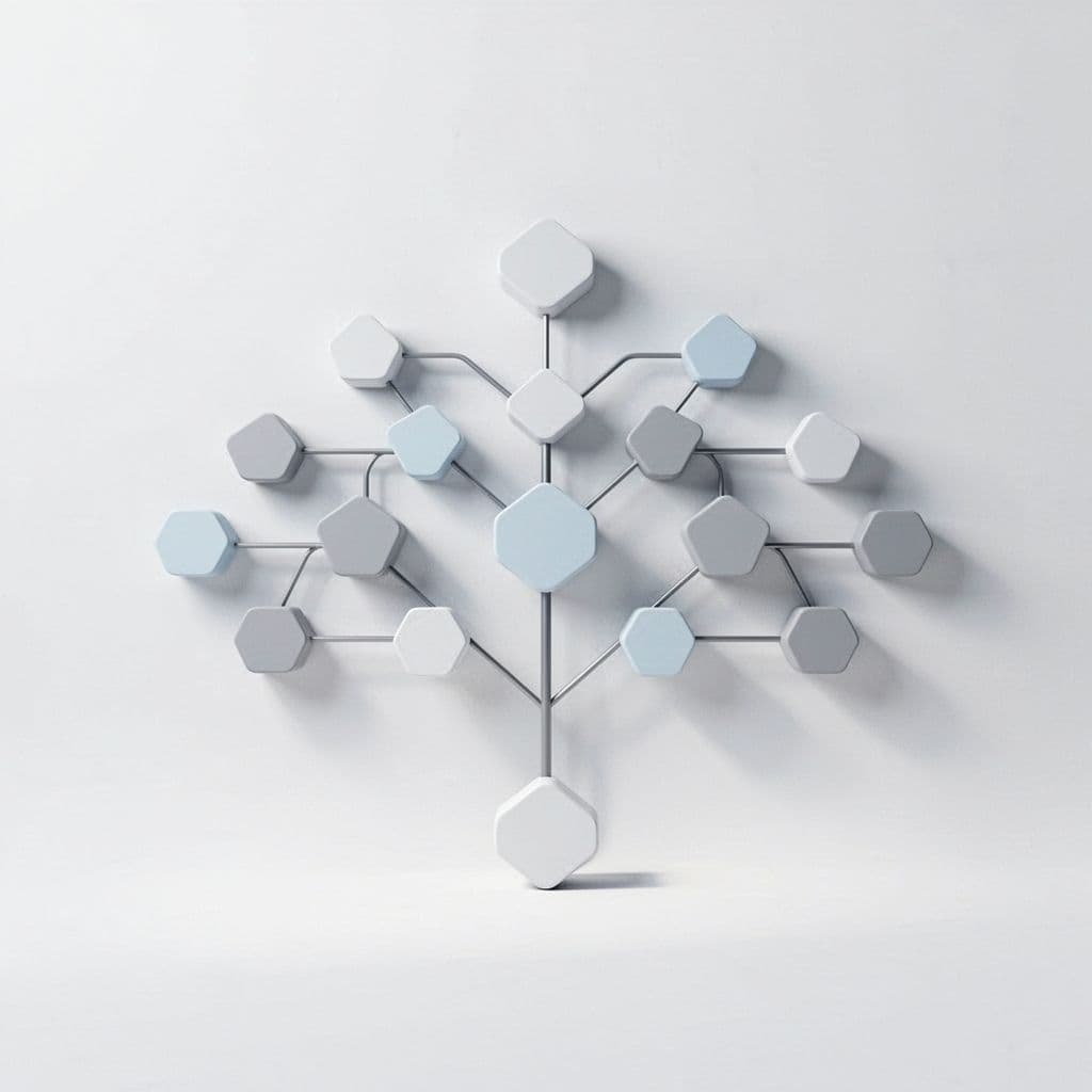 Minimalist digital diagram of hierarchical tree structure with connected nodes on white background.