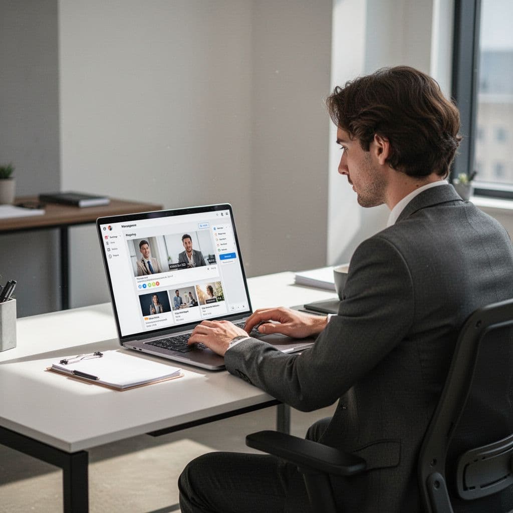 A marketer sits at a desk using laptop software to organize video timestamps and content tags.