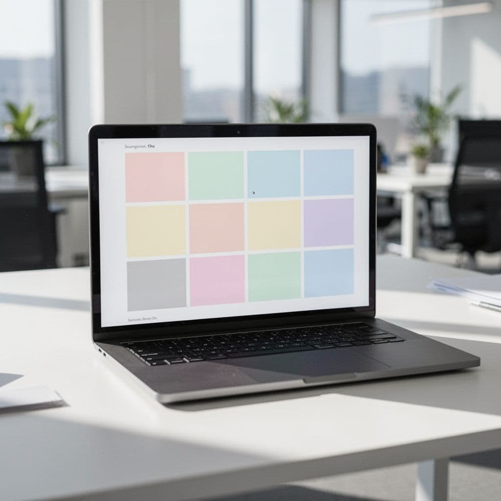Laptop screen shows simple organized spreadsheet in bright modern office.