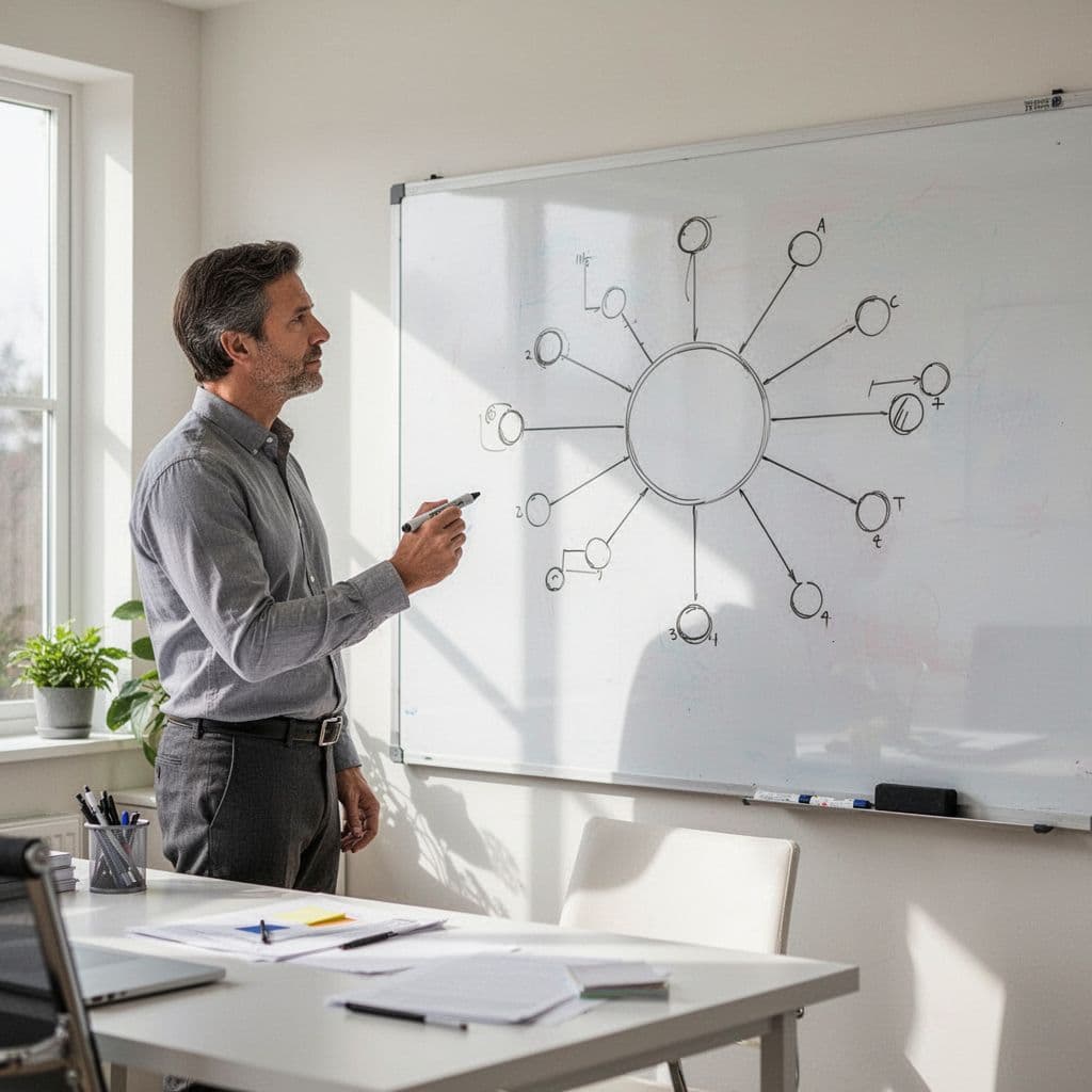 Professional stands in modern home office viewing whiteboard mind map with central topic and branches, holding marker.