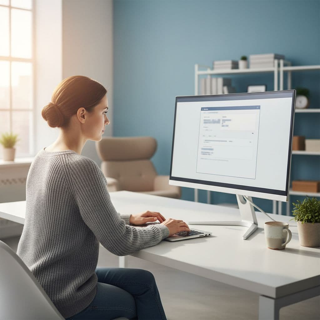 A focused professional sits at a clean, sunlit desk working on a laptop in a modern office.