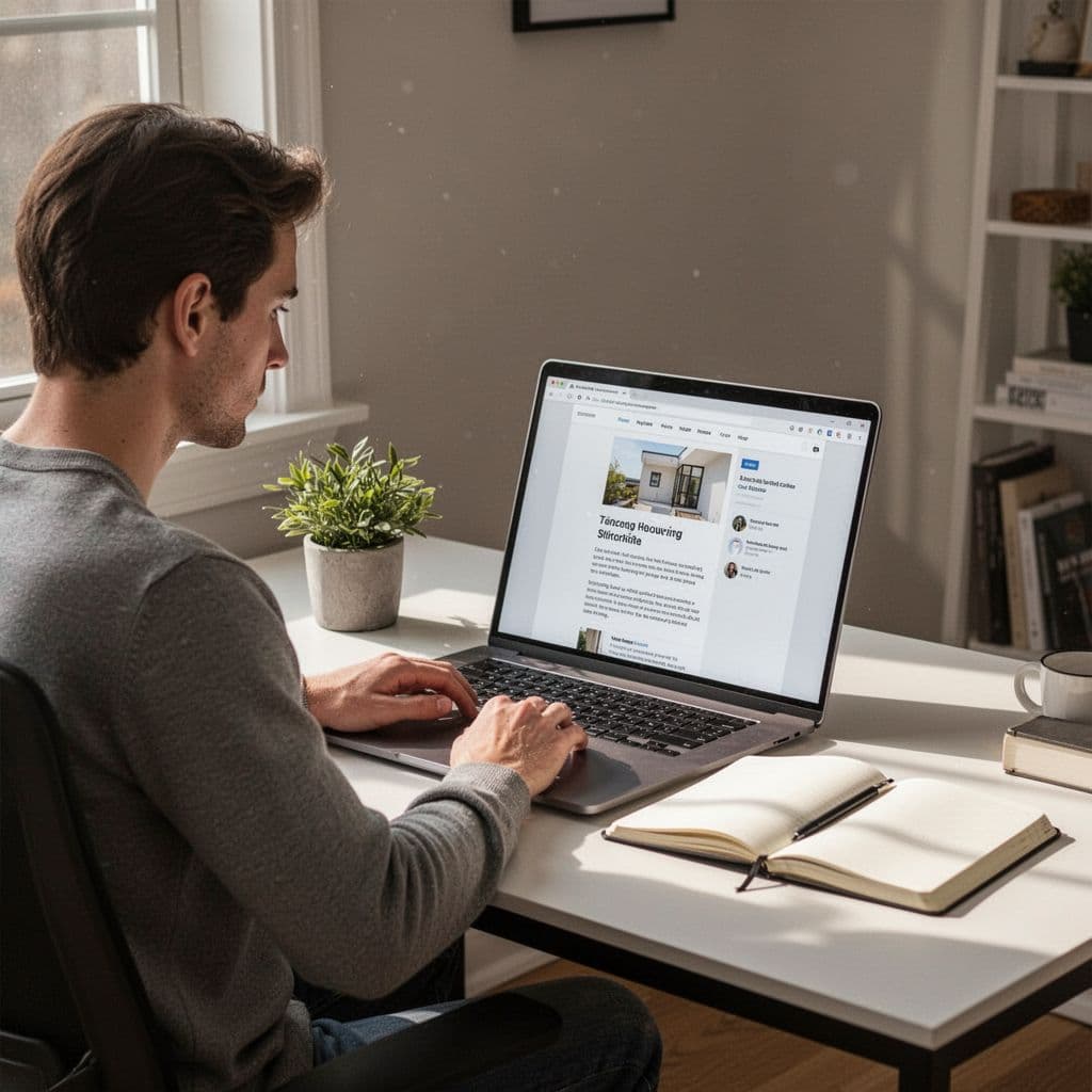 A professional sits at a clean home office desk working on a laptop near a plant.