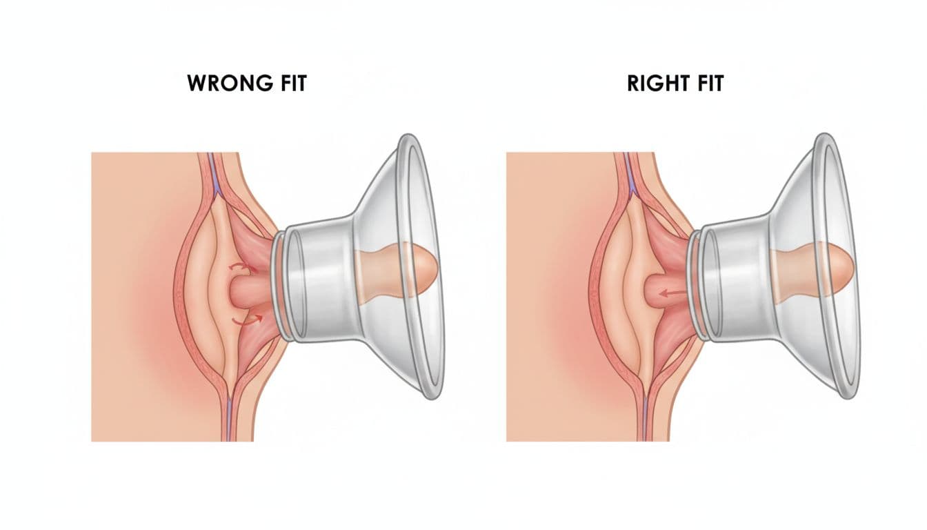 Close-up diagram-style illustration comparing wrong and correct breast pump flange fits side-by-side, showing nipple centered in tunnel and moving freely without rubbing the areola in the right fit. Subtle, realistic medical illustration on clean white background with no text labels.