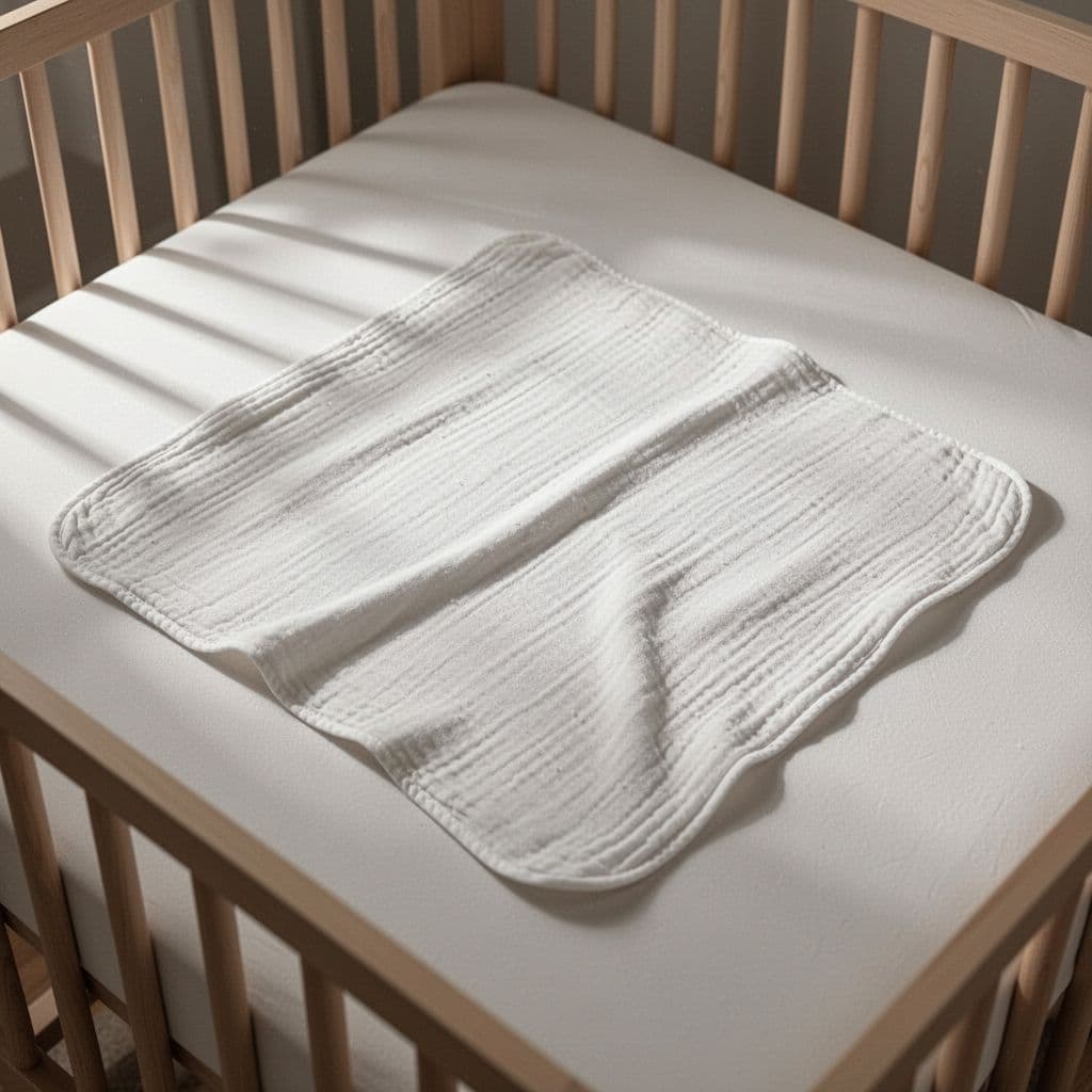 Cotton muslin swaddle blanket laid flat on firm empty crib mattress.