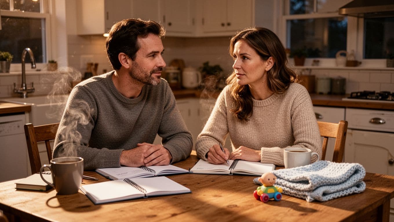 Husband and wife sit close at wooden kitchen table with notebooks, coffee mugs, baby blanket, and toddler toy nearby.