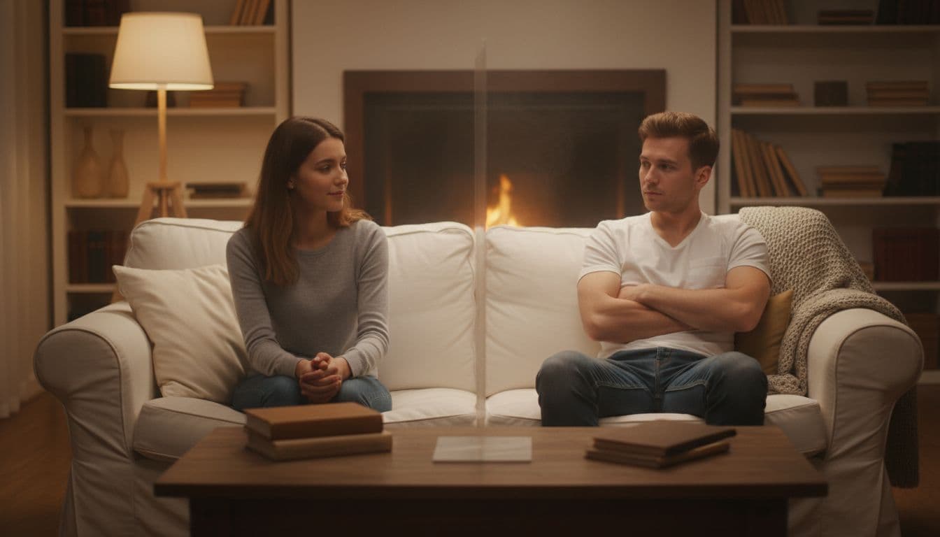 Young couple sitting face to face on a couch, separated by a faint glass wall visualizing an emotional barrier. Woman looks hopeful, man distant with arms crossed, in a cozy living room with warm lighting, realistic photography style.
