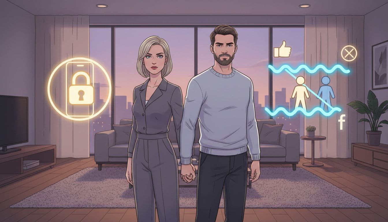 A couple stands side by side in a modern living room, holding hands with determined expressions, symbolic icons like a phone with lock and a boundary line floating nearby, soft evening light, illustrative style with realistic elements.