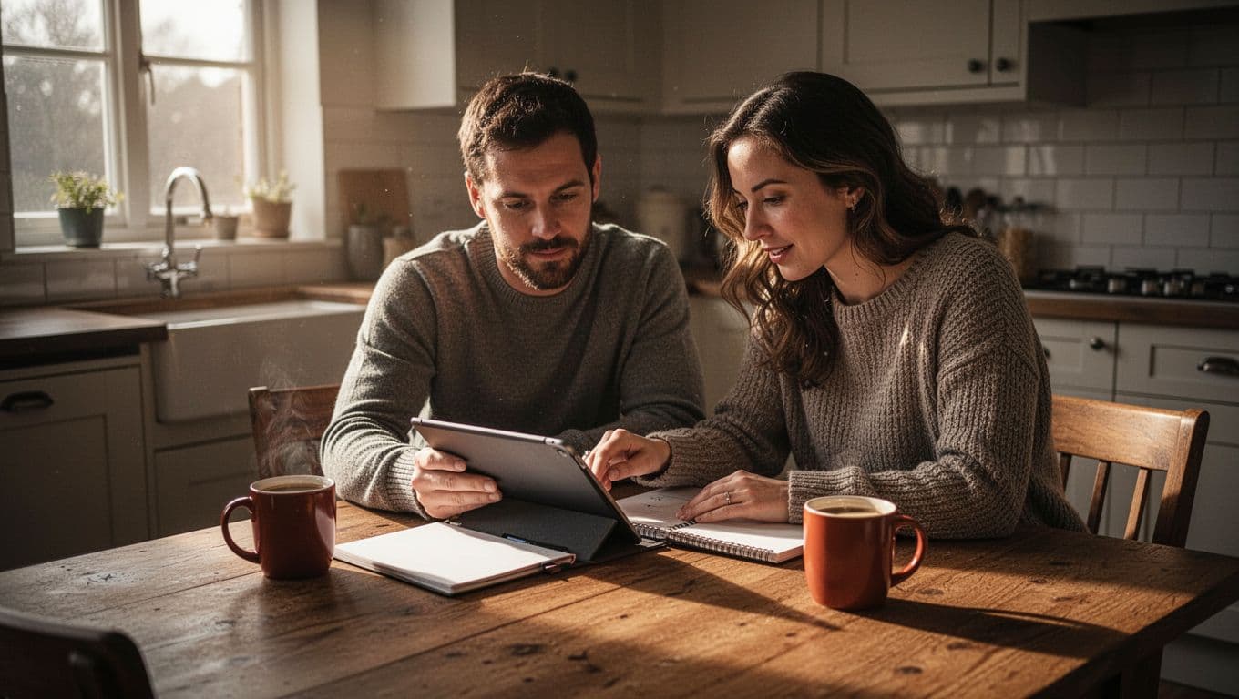 A man and woman sit together at a dark wooden table while reviewing a tablet and notebook. Steam rises from two ceramic coffee mugs amidst soft morning sunlight hitting the surface.