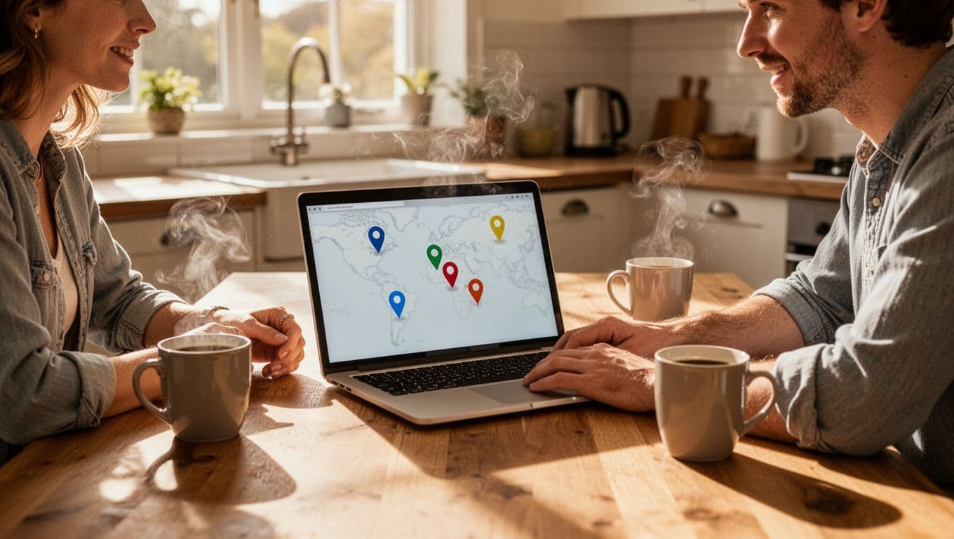 Couple at sunny kitchen table plans trip on laptop with subtle maps, pins, and coffee mugs.