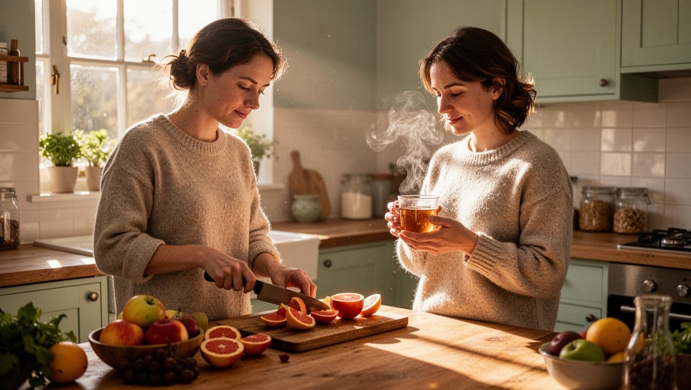 A man and woman work together at a sunlit wooden counter, chopping fresh fruit and holding warm tea mugs. Soft morning light creates a cozy atmosphere highlighting their shared kitchen ritual.