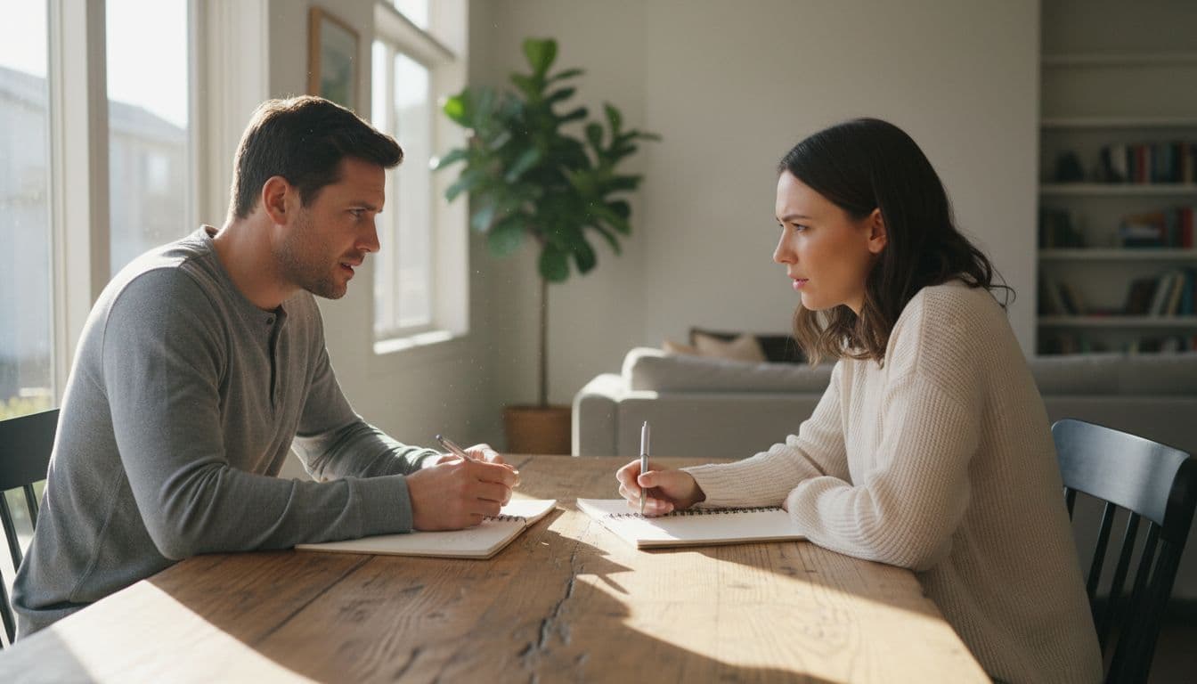 A couple sits closely at a wooden dining table in a sunlit home, facing each other with open notebooks and pens nearby, showing thoughtful expressions as they calmly discuss relationship vulnerabilities.