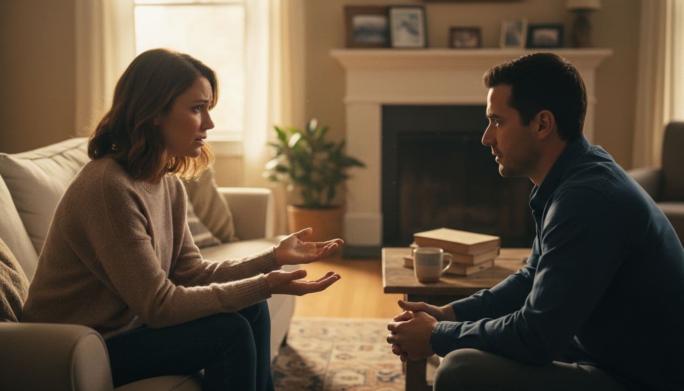 A couple sits face-to-face on a couch in a cozy living room, one appearing remorseful with open hands in an honesty gesture while the other listens attentively, illuminated by soft natural light in warm tones.