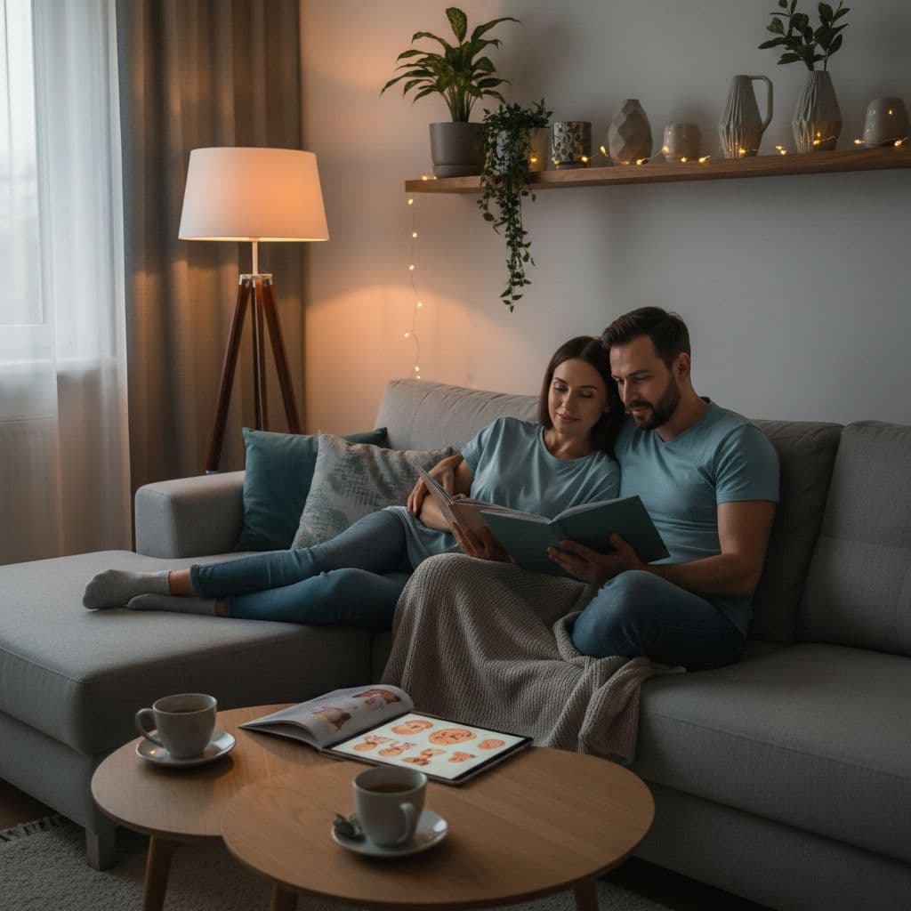 Couple sits on couch in modern living room examining pregnancy education materials.