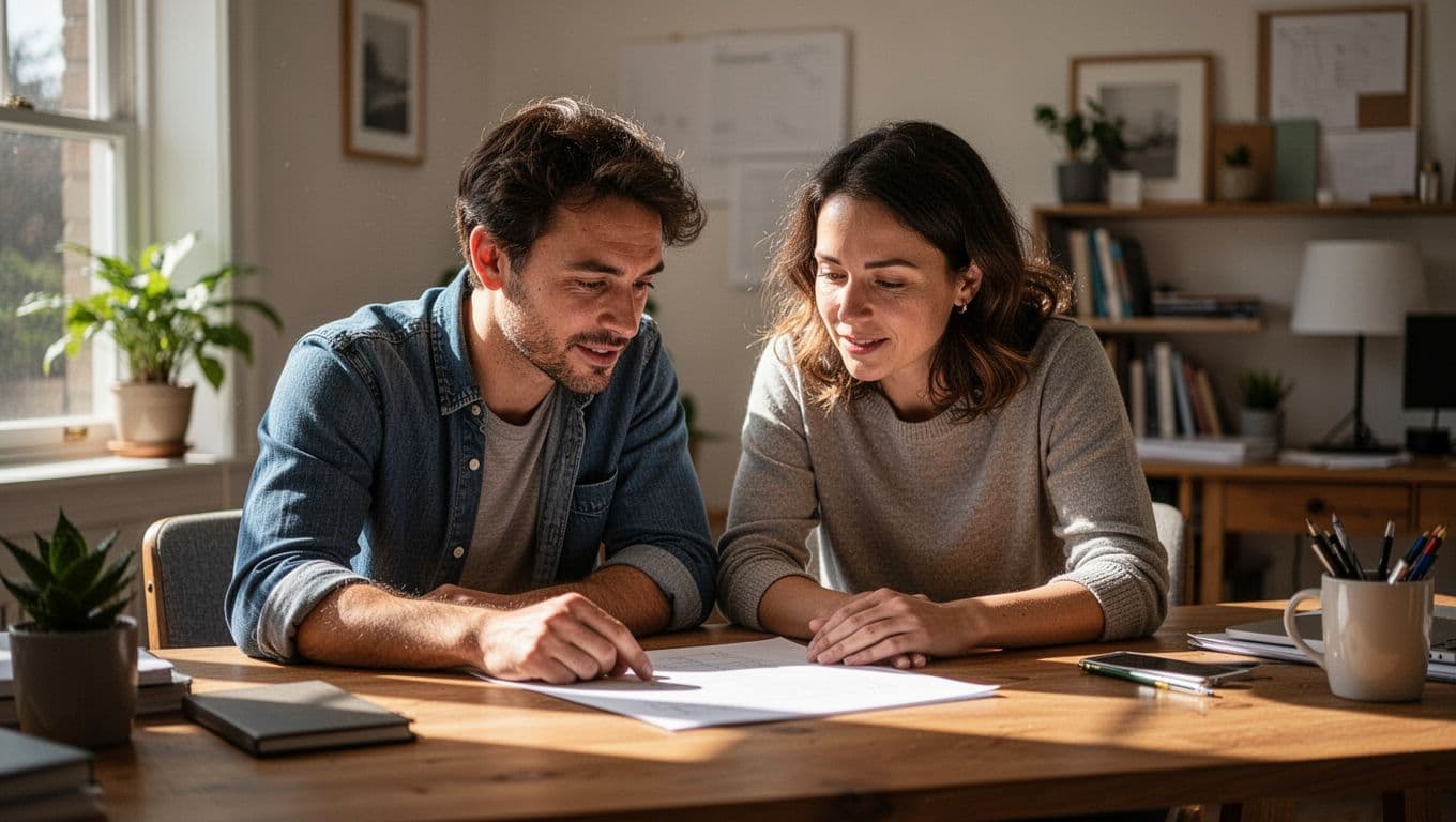 A man and woman sit side-by-side at a rustic wooden table within a sun-drenched home office. They focus intently on a printed document, displaying calm and collaborative expressions in warm light.