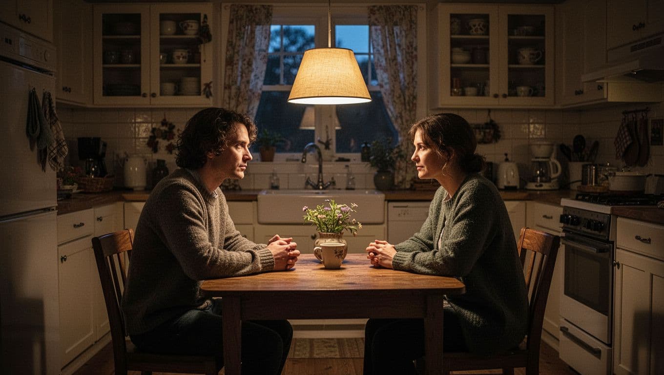 A couple sits closely at a small kitchen table during the evening, illuminated by a warm table lamp. They share a gentle conversation in a dimly lit, cozy home environment.