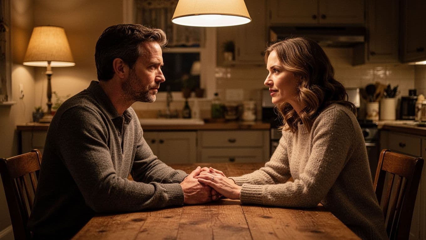 A husband and wife sit closely at a weathered wooden kitchen table. They gaze warmly at one another, with a gentle hand resting on a forearm amidst the soft, ambient evening glow.