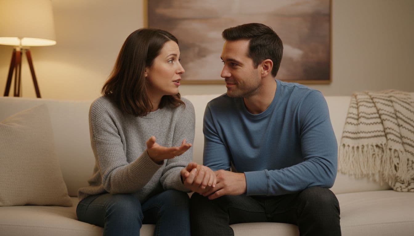 A couple sits closely on a couch in a softly lit living room, engaged in a calm weekly check-in, with one partner gesturing gently while sharing feelings and the other listening empathetically with eye contact.