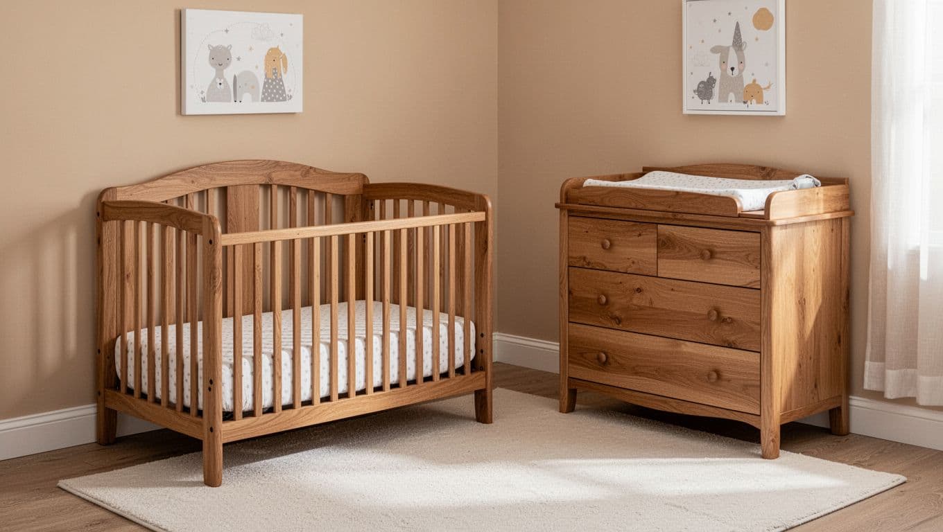 Peaceful baby nursery featuring a standard-size natural wood crib with rounded shapes and a matching dresser doubling as a changing station, arranged with at least 2 feet of walking space around both pieces. Soft beige walls and warm diffused light create a serene atmosphere with no extra furniture or people.