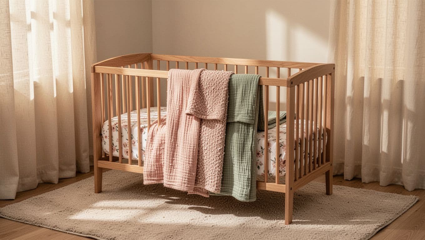 Cozy baby nursery corner showcasing layered softness with a plush neutral rug, soft cream blackout curtains, subtle floral crib sheet, and cozy bedding in blush sage neutrals around a simple wooden crib, bathed in warm natural light.