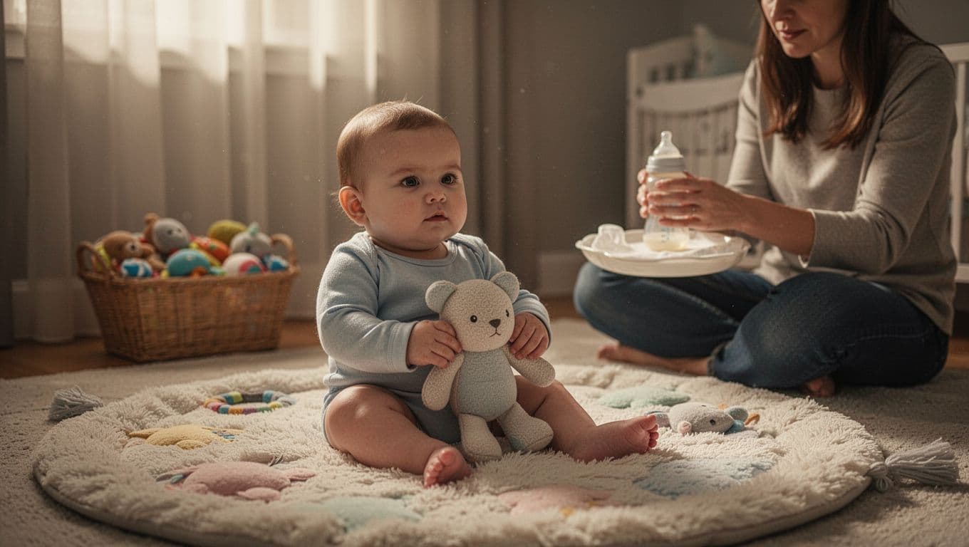 6-month-old baby sits relaxed on soft playmat holding toy, parent prepares bottle in background.