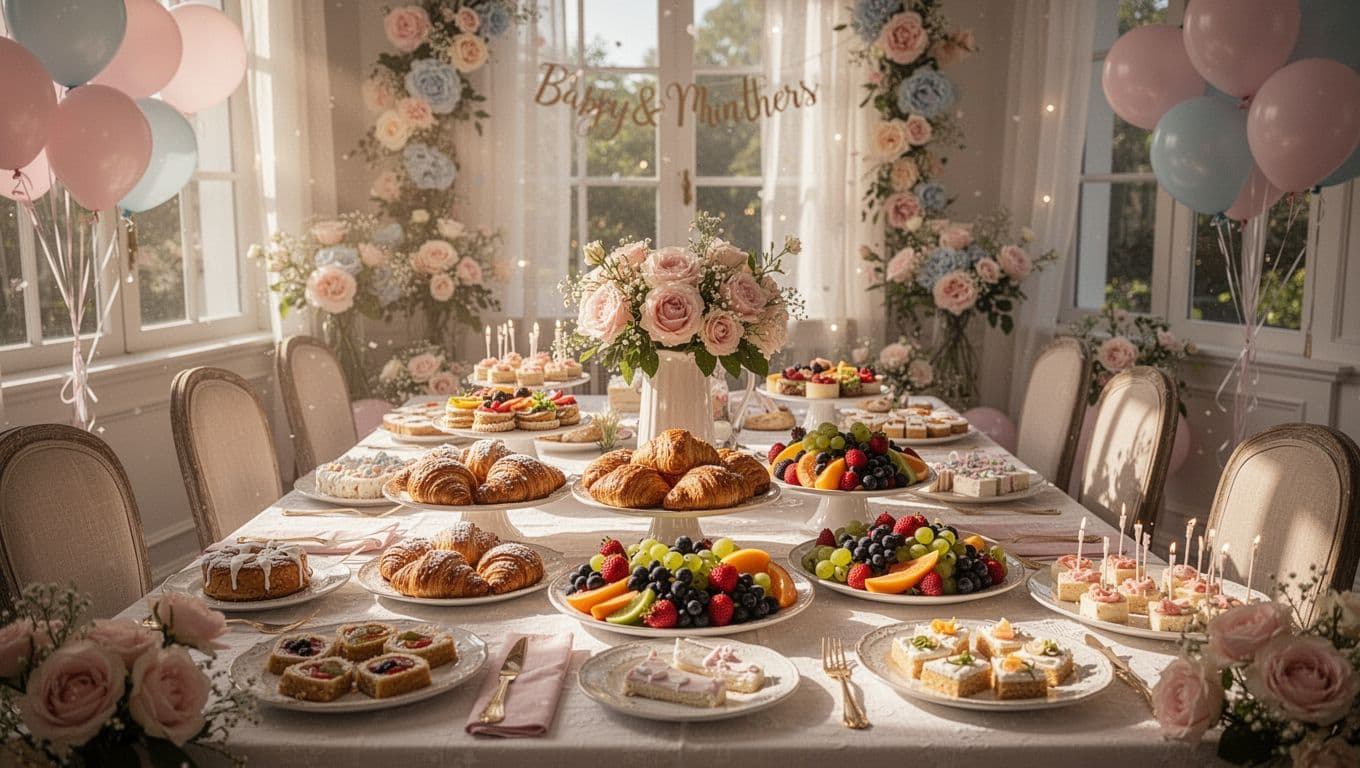 An ornate table displays an array of fresh pastries and fruit platters beneath soft pastel floral arrangements. Bright sunlight streams through the windows, highlighting the delicate textures of the spread.