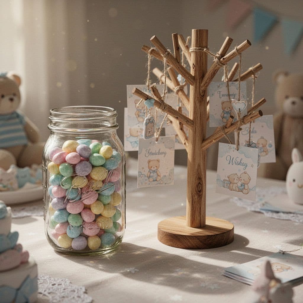 A glass mason jar filled with pastel candies sits next to a small wooden tree featuring decorative hanging cards. Soft warm sunlight creates a serene atmosphere for this guest activity.