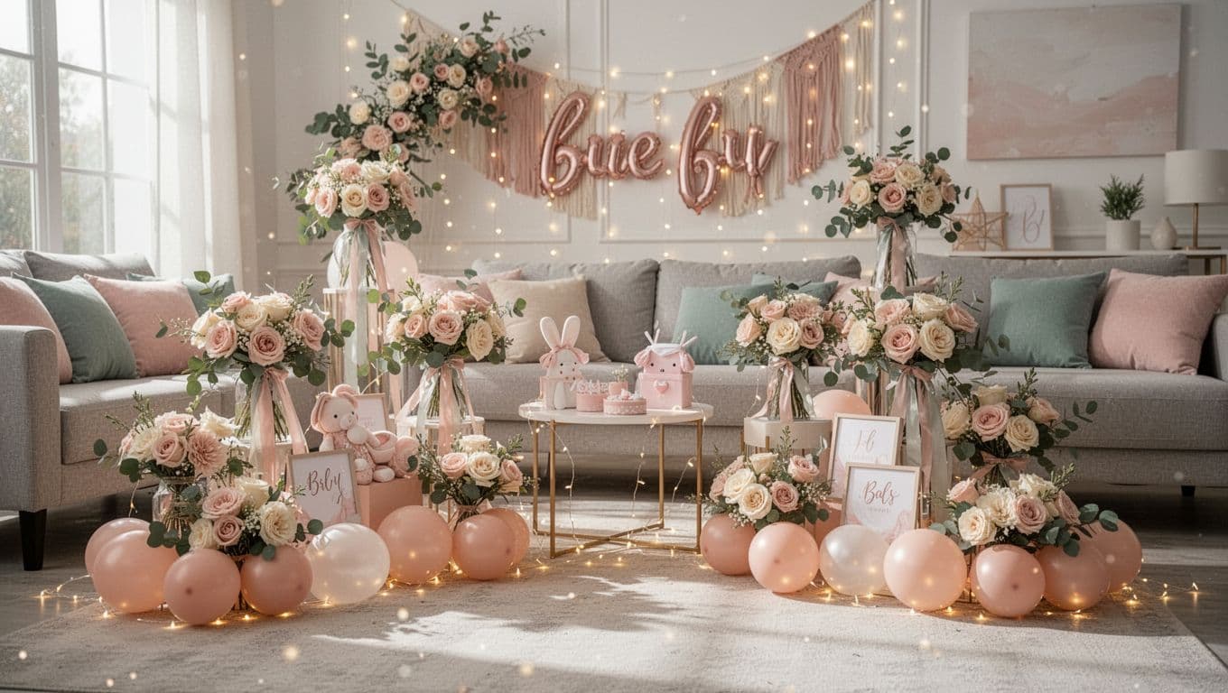 An inviting living room features elegant floral arrangements and soft fairy lights. A blush pink and cream palette with sage accents creates a gentle atmosphere for a girl's celebration.