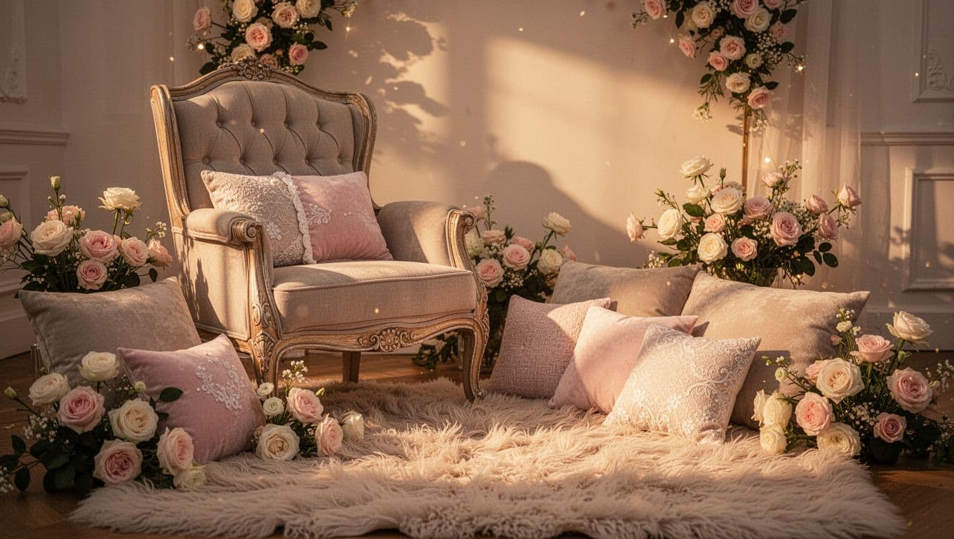 An elegant tufted chair rests on a plush rug surrounded by soft cushions and pastel floral arrangements. Warm, glowing light fills the space, creating an inviting setting for capturing memories.