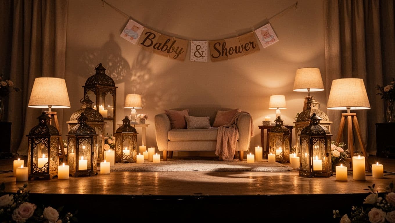 An intimate baby shower platform glows under warm decorative lanterns and battery-powered candles. Soft ambient lighting spills across the plush setting, creating a comfortable and inviting atmosphere for an evening celebration.
