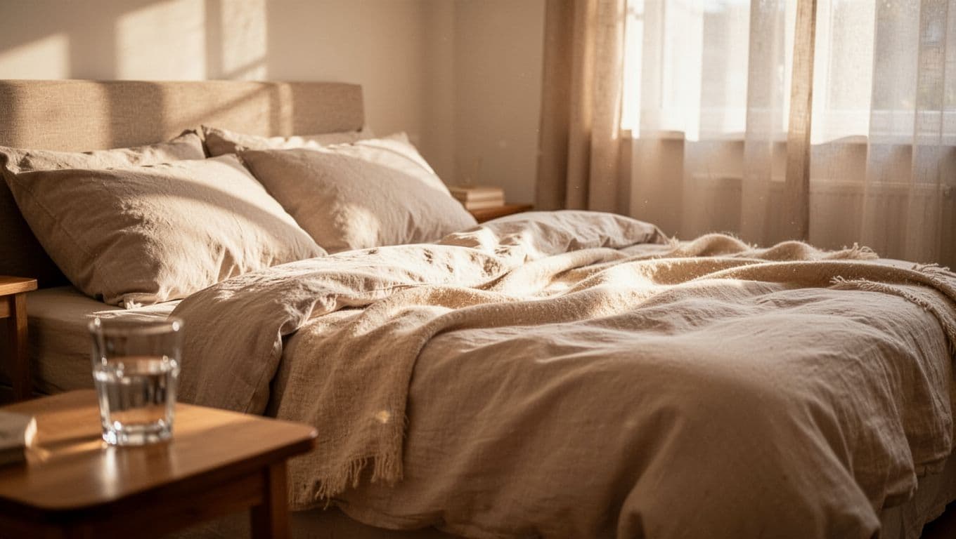 A soft, inviting bed with rumpled linens sits in a darkened room, illuminated by slivers of warm daylight. A glass of water rests on a bedside table in the soft focus background.